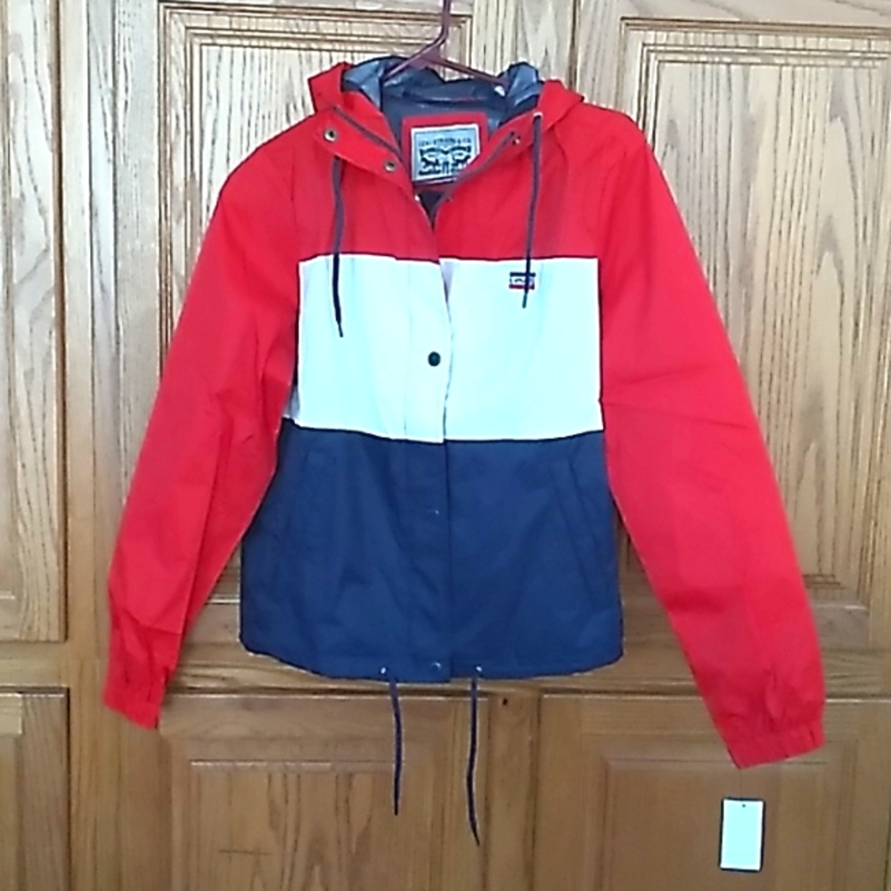 NWT Women's Levi's wind breaker jacket red white blue size Small